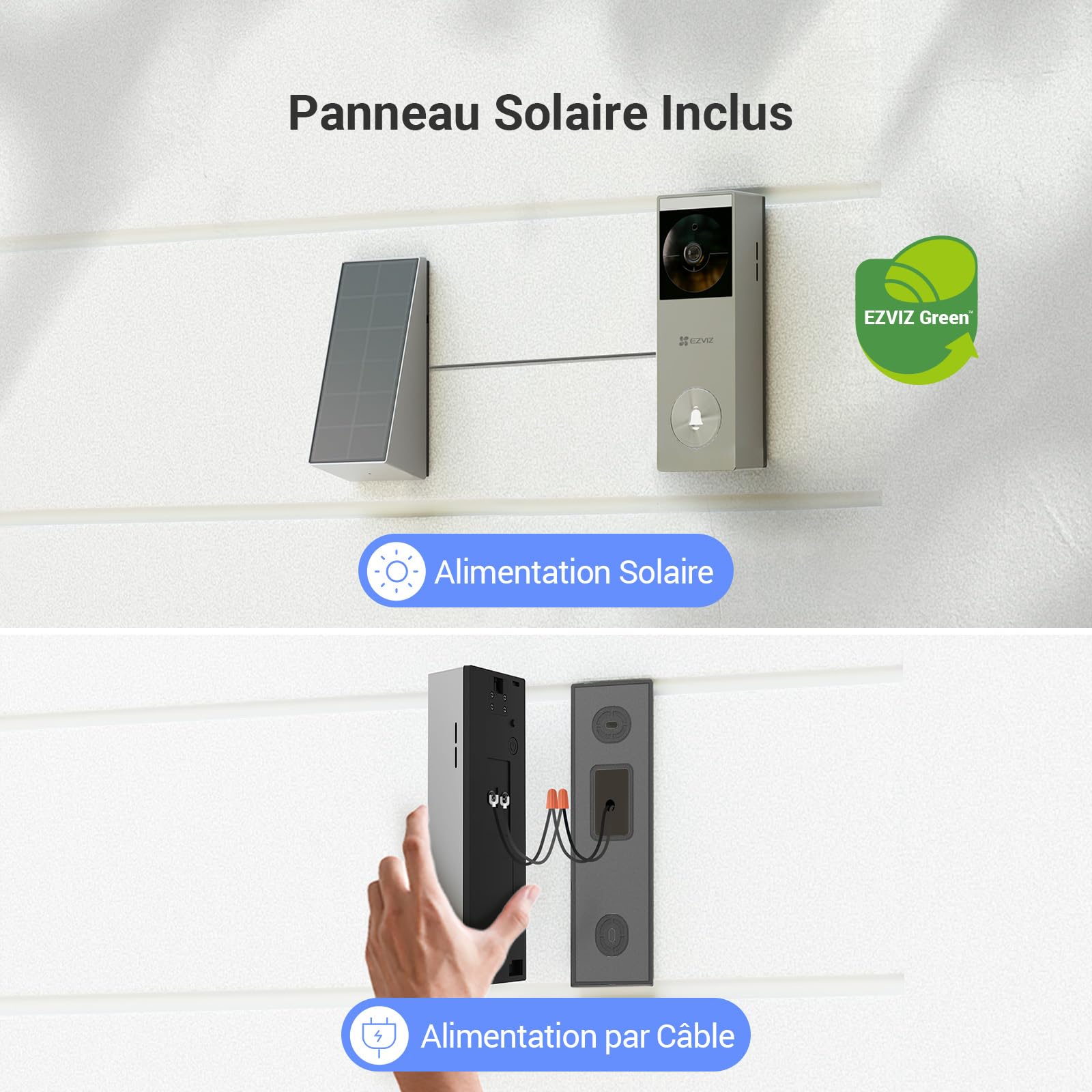 EZVIZ Sonnette Vidéo sans Fil avec Caméra 2K, Sonnette Extérieur avec Panneau Solaire & Batterie,Vision Nocturne Couleur, Détection de Personnes, Vue Ultra Large, Stockage eMMC 8 Go,CP3 Pro et CH1 Kit