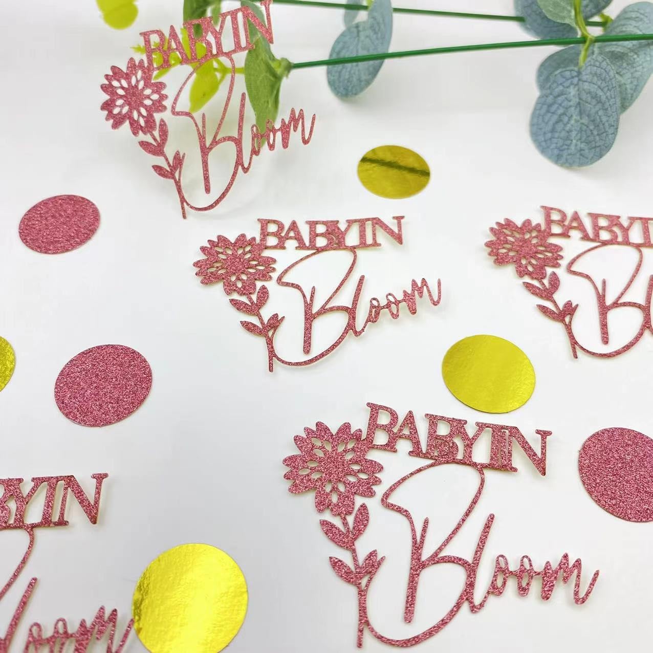 100 Pcs Golden Pink Baby Shower Confetti Scatter Decorations, Flower Baby in Bloom Table Confetti Dots Scatter for Baby Shower Gender Reveal Decor