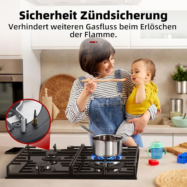 GASLAND GH603BF - Plaque de cuisson à gaz en verre avec brûleur wok - 3 feux - Plaque de cuisson au gaz encastrable - 60 cm - Noire - 6200 W - GPL / gaz naturel - 3