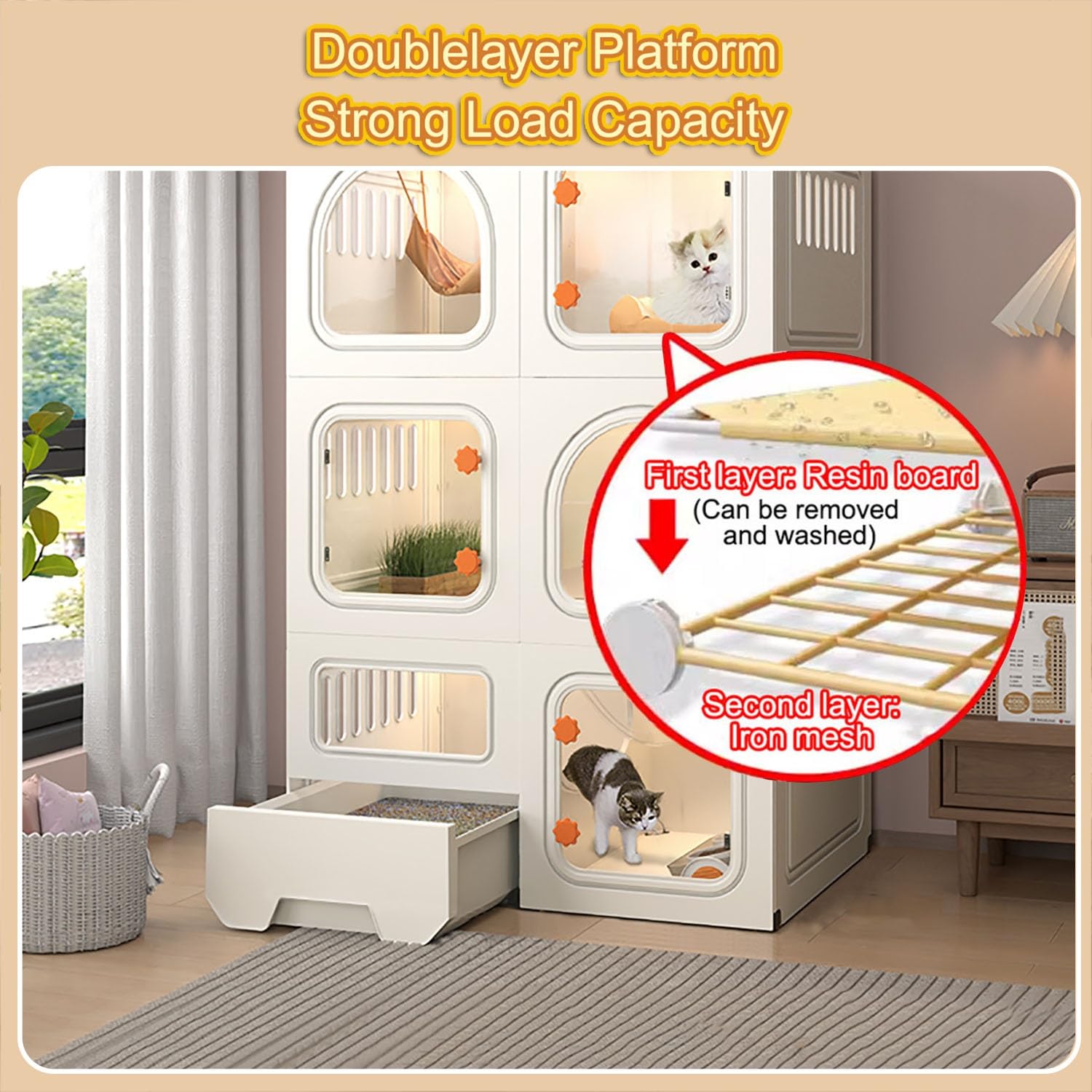 Cage pour Chat avec Portes, Maisons pour Chats d'intérieur, Parc pour Chat avec bac à litière, Forte capacité de Charge, Facile à Nettoyer et à Installer (Couleur : Paquet 2, Taille : B-71x4