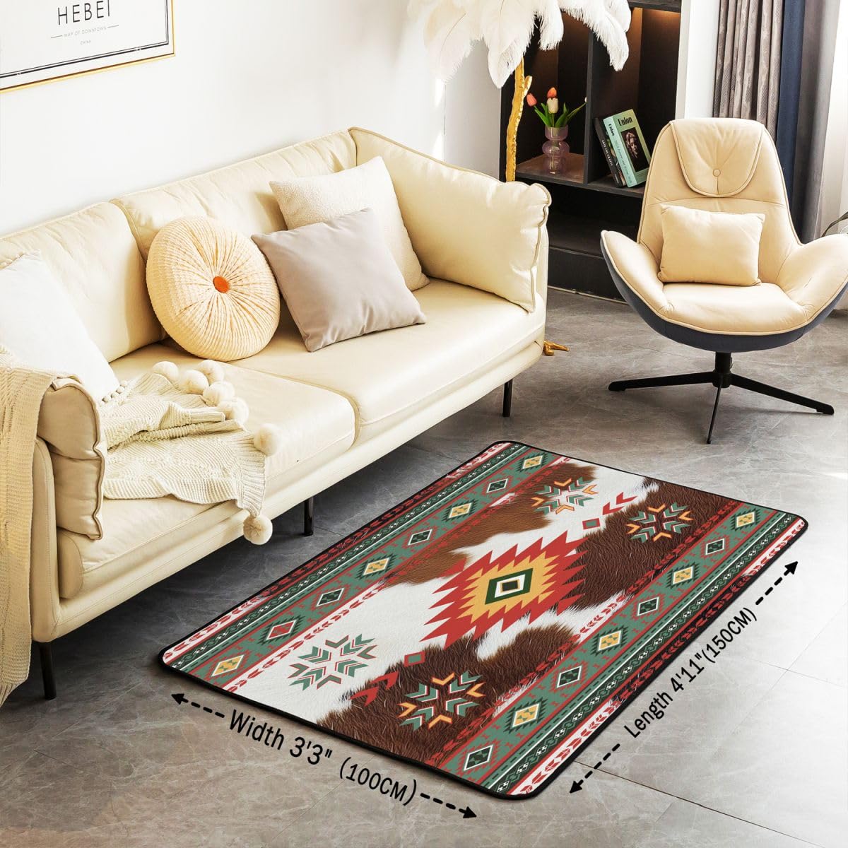 Homewish Aztecki diamentowy trójkątny dywan 100 x 150 cm - Boho skóra bydlęca zachodni dywan do salonu styl Navajo nie gubi włosia dywan południowo-zachodnia etniczna sztuka plemienna duże dywany