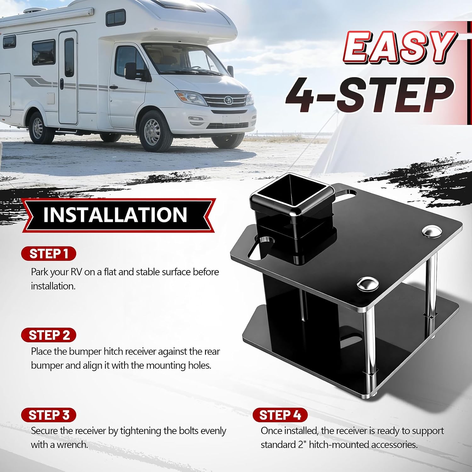 XPE RV Bumper Hitch Receiver 2 inch Heavy Duty Adapter Fits 4 x 4 inches Square RV Rear Bumpers 3500 LBS Capacity for Bike Racks Cargo Carriers
