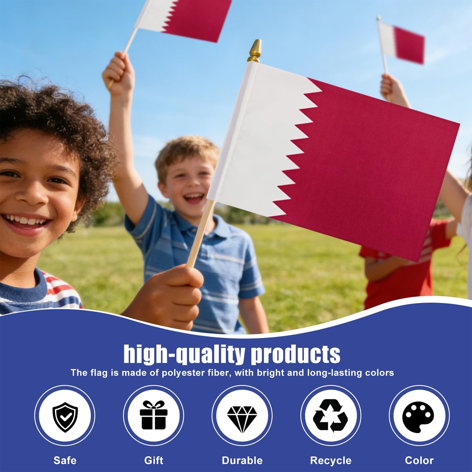 12 Pack Qatar Miniature Small Wooden Stick Flags Qatari Mini Handheld Flag Patio Lawn & Garden Outdoor Decorations,8x5 Inch image 5