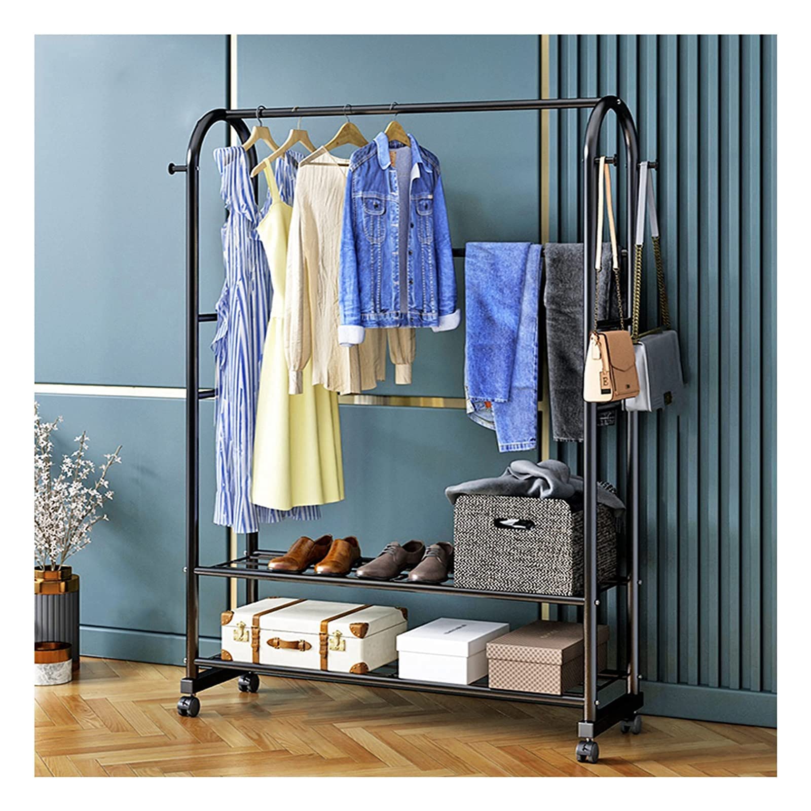 YNBSHGAA Metal Clothes Rail Rack with Wheels for Bedroom and Livingroom/Gold/100cm Heavy Duty Garment Dress Coats Jackets Drying Rack,Black-100cm