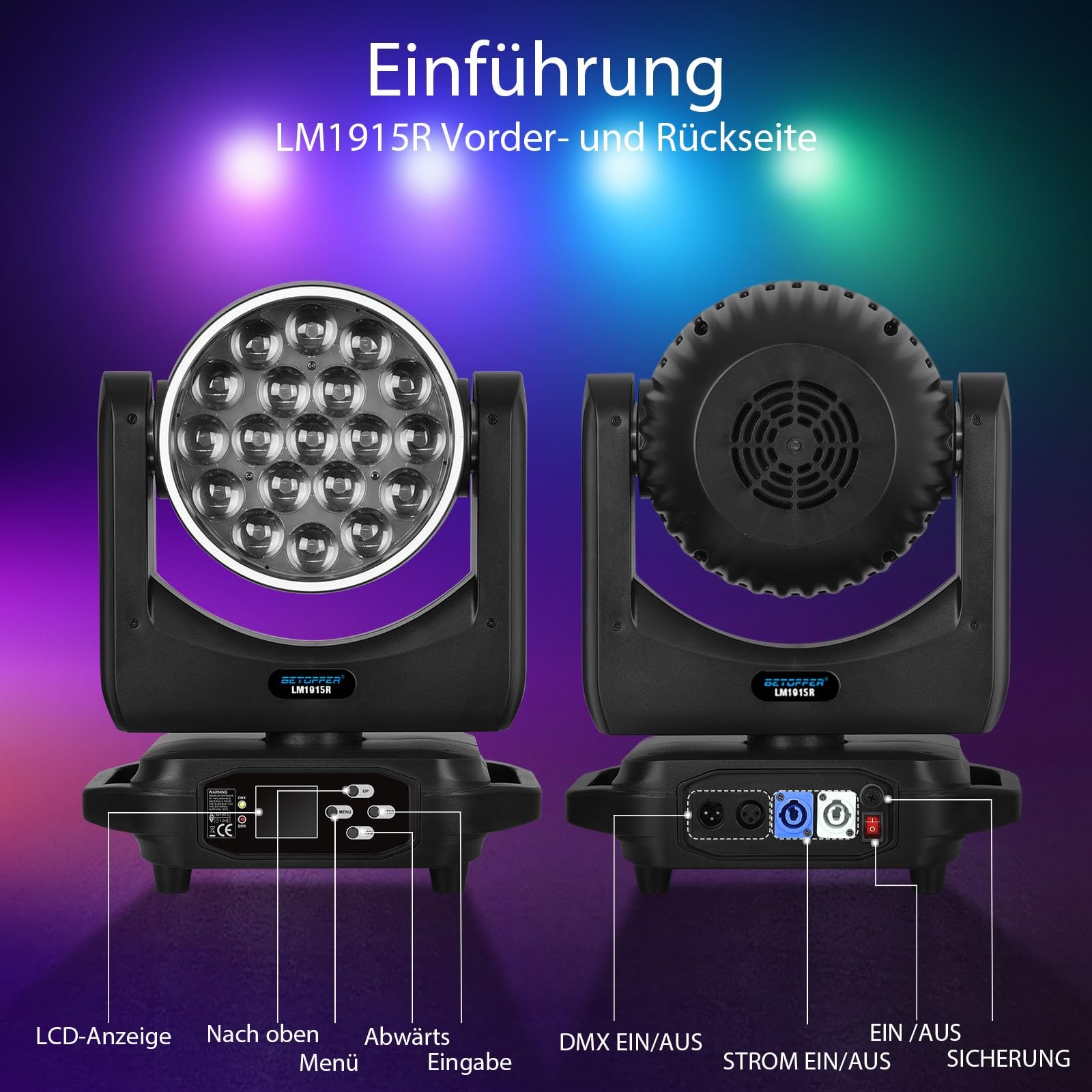 Betopprt 19x15W Moving Head LED Mit Lichtstreifeneffekt 4 in1 Bühnenlicht | RGBW DJ Party Lichter Musik Beam Wash Strobe Bühnenbeleuchtung RDM & DMX Control Stage Lighting Bühnen Club Wedding