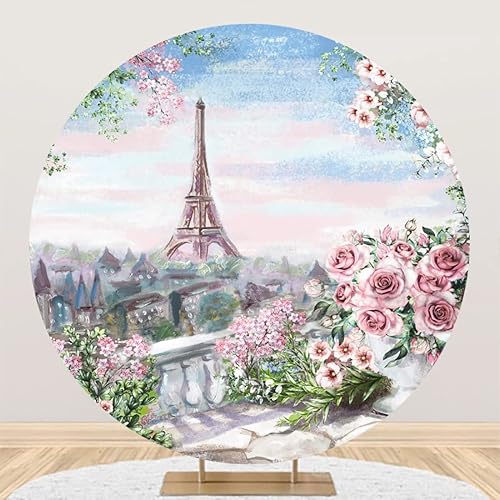 Yeele Fondo redondo de la Torre Eiffel de París de 6.5 x 6.5 pies, fantasía, acuarela, flores, paisaje, fotografía, fondo para boda, cumpleaños,