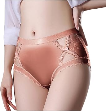 Women Satin Panties Mid Rise Sexy Lace Embroidery Underpants 2025 Solid Color Breathable Mesh Full Coverage Briefs
