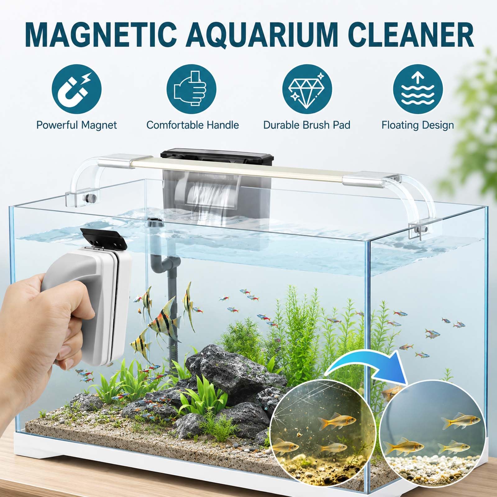 Aquarium Scheibenreiniger Magnet, Starker Scheibenreiniger Aquarium mit Abnehmbarem Schaber, Magnetischer Algenreiniger & Fish Tank Glasreiniger für Aquarien bis 12 mm Glasdicke