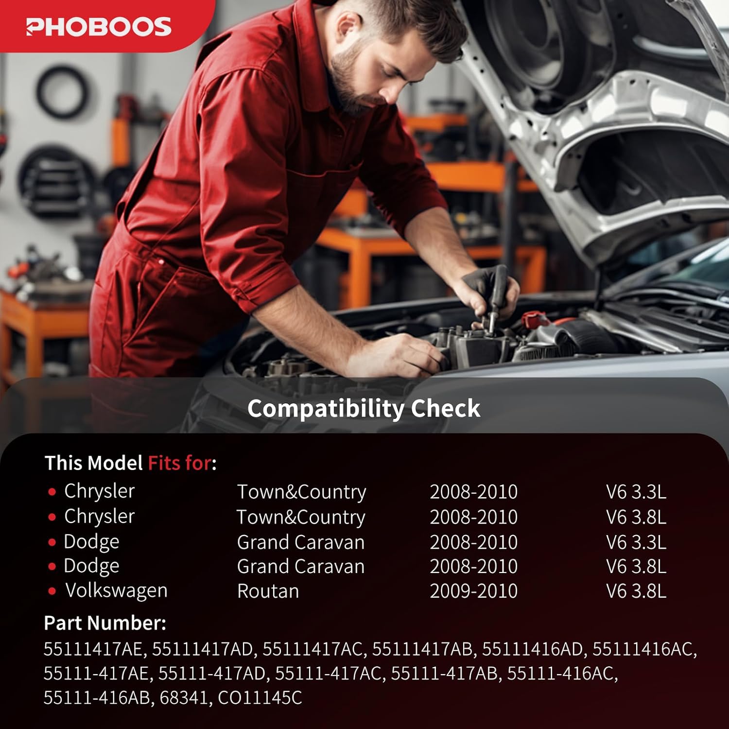 PHOBOOS A/C Compressor with Clutch Compatible with Dodge Grand Caravan 2008-2010 & Volkswagen Routan 2009-2010 & Chrysler Town&Country 2008-2010, 3.3/3.8L, Fast Cooling, Ref. CO-11145C