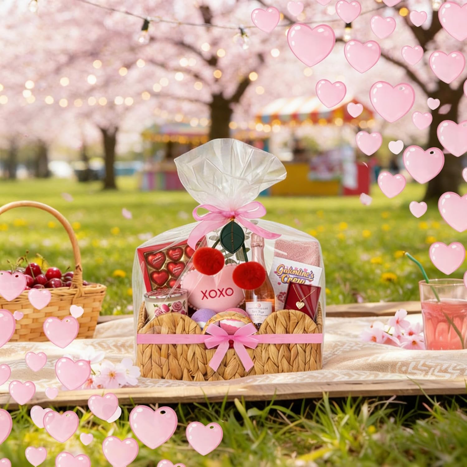 Valentines' Day Small Woven Gift Basket Empty Galentines with Gift Bags and Ribbons Raffia Cherry Pendant Storage Basket Decorative for Valentines Birthday Party Supplies 11.02'' x 11.02'' x 5.12''