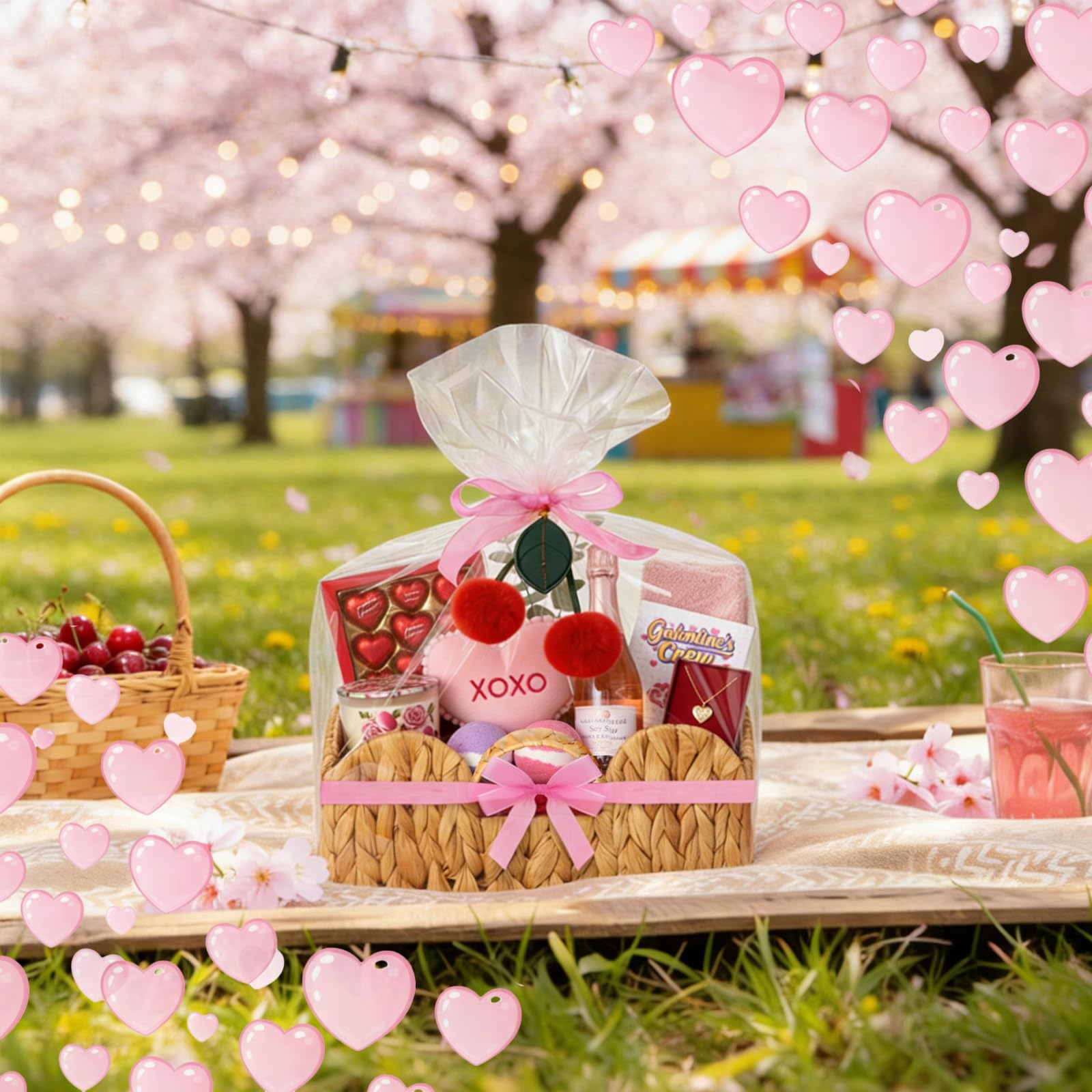 FoldTier 5 piccoli cesti regalo vuoti in tessuto con sacchetti regalo e nastri, ciondolo in rafia a forma di ciliegia, 28 x 28 x 13 cm, cestino portaoggetti per San Valentino, galentino, compleanno