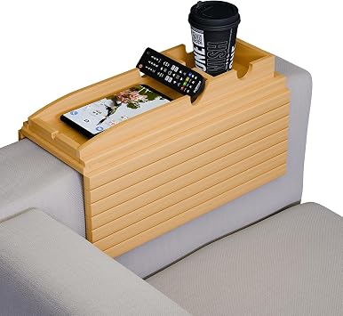 Bamboo Sofa Arm Tray Table with Cup Holder Extra Wide Couch Armrest Tray for Drinks, Snacks & Remote Non-Slip, Foldable, Natural Wood Organizer