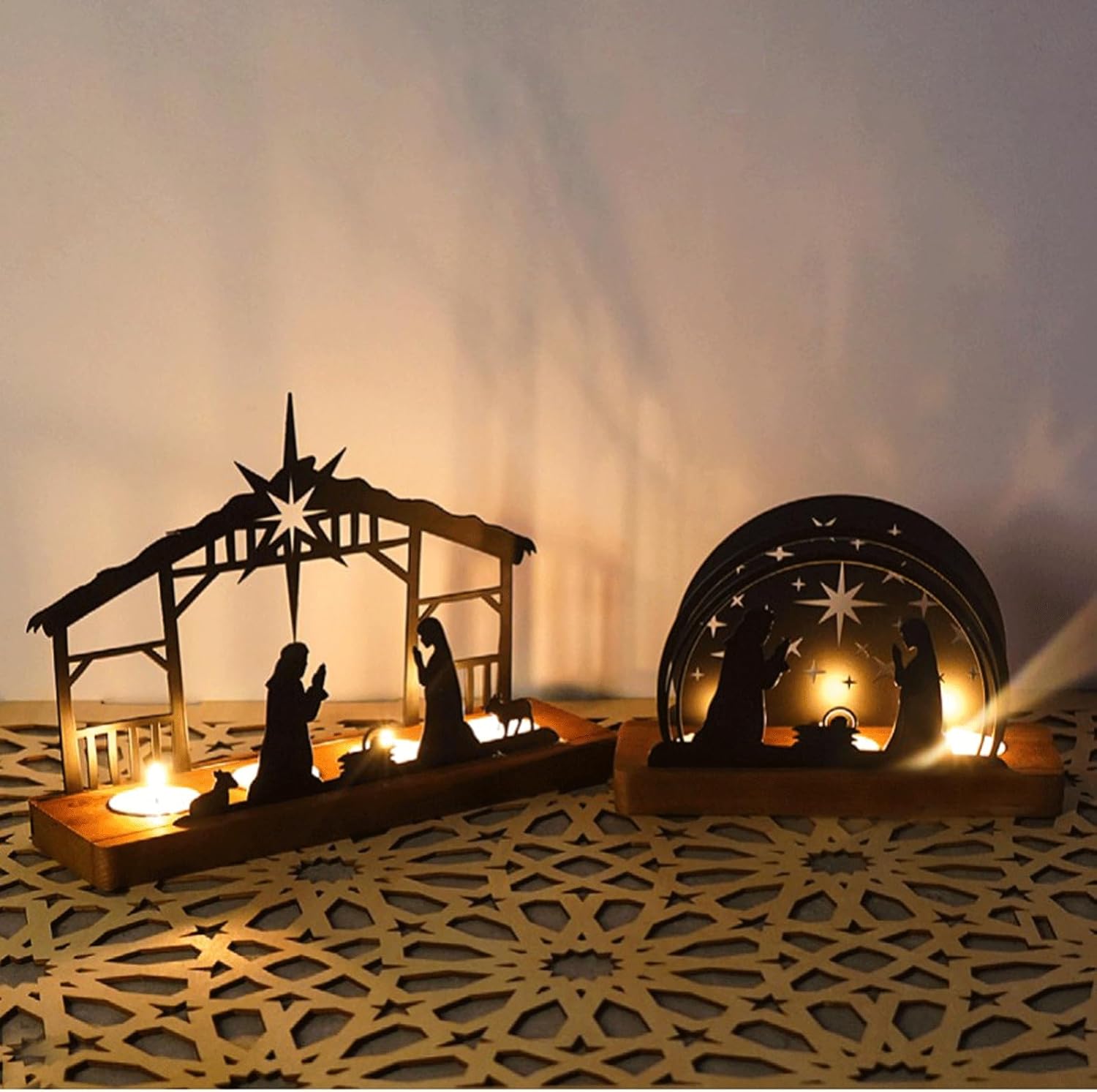 Candleabra Black Metal Tealight Candle Holder Nativity Set with Wood Base, Christmas Iron Silhouette Candle Holder, Nativity Scene Nativity Sets for Christmas Indoor Mantle Decor