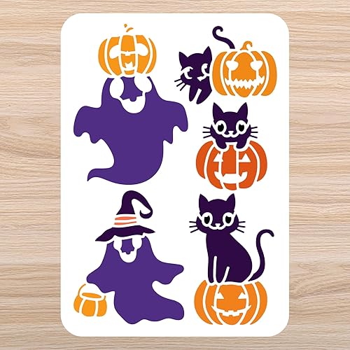 Miniatura 1 de Plantilla de pared de Halloween, fantasmas, calabazas, plantilla de azulejos de animales de gato negro, plantillas de dibujo de hormigón tamaño A4