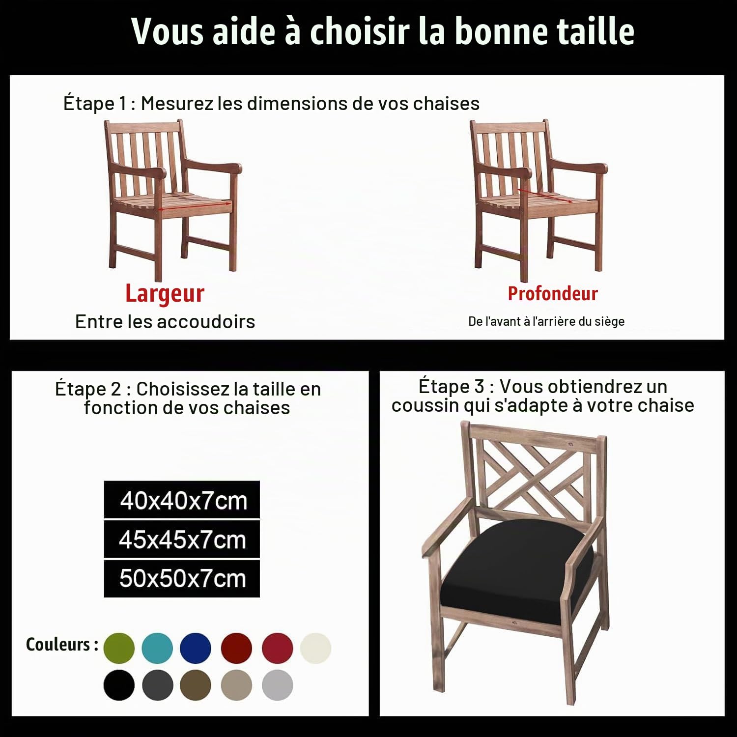 Ensemble de 2 coussins de chaise de jardin, épais de 7 cm, coussins de siège imperméables pour patio avec attaches pour meubles d'extérieur, coussins de chaise en forme de U pour la salle à