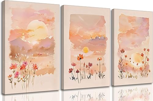 3 piezas de lienzo de amanecer para pared, flores silvestres rosas rubor, flores silvestres florales y naranjas, acuarela, pinturas de paisaje,