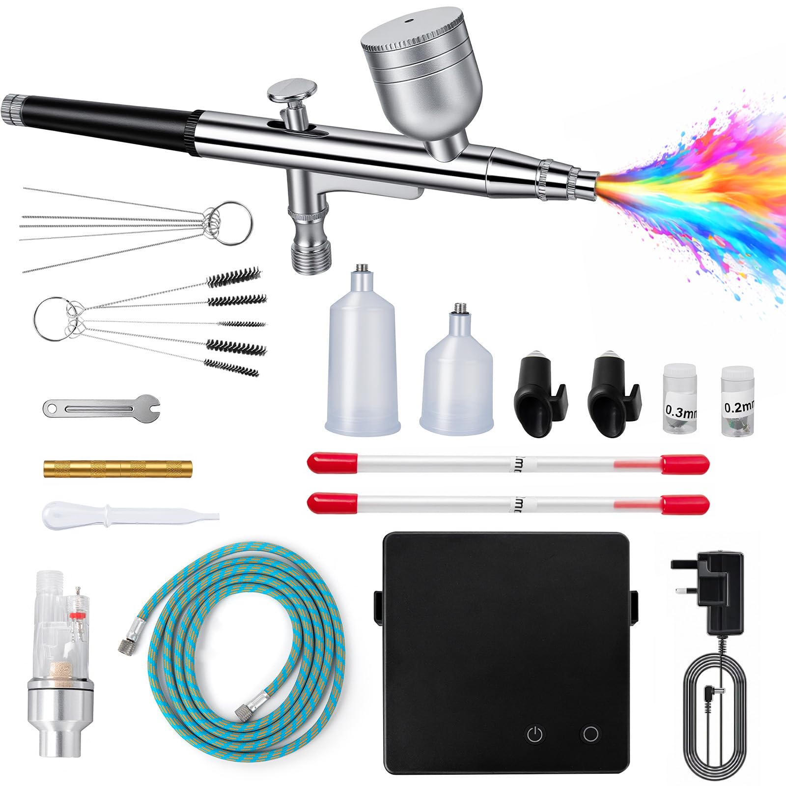 Kit de Aerógrafo con Compresor de 40 PSI de Doble Acción con 3 Tamaños de Boquilla (0,2/0,3/0,5 mm) para Modelismo, Maquillaje, Pintura de Coche