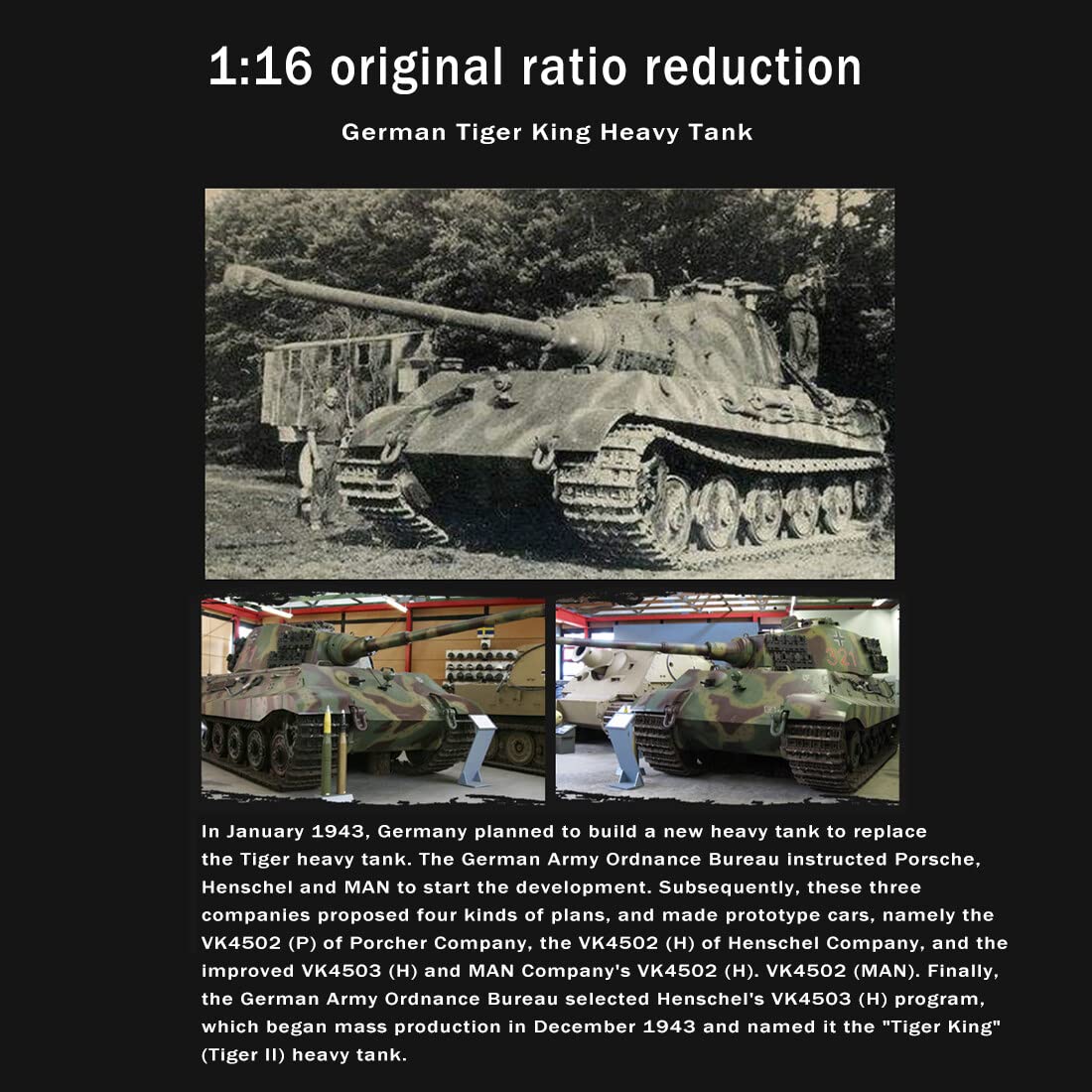 Char RC, 1:16 2.4G Télécommandé Simulation de Char Henschel Tiger King, RC Tank Véhicule Militaire Réservoir Télécommandé avec Lumières et Sons - Édition de Base
