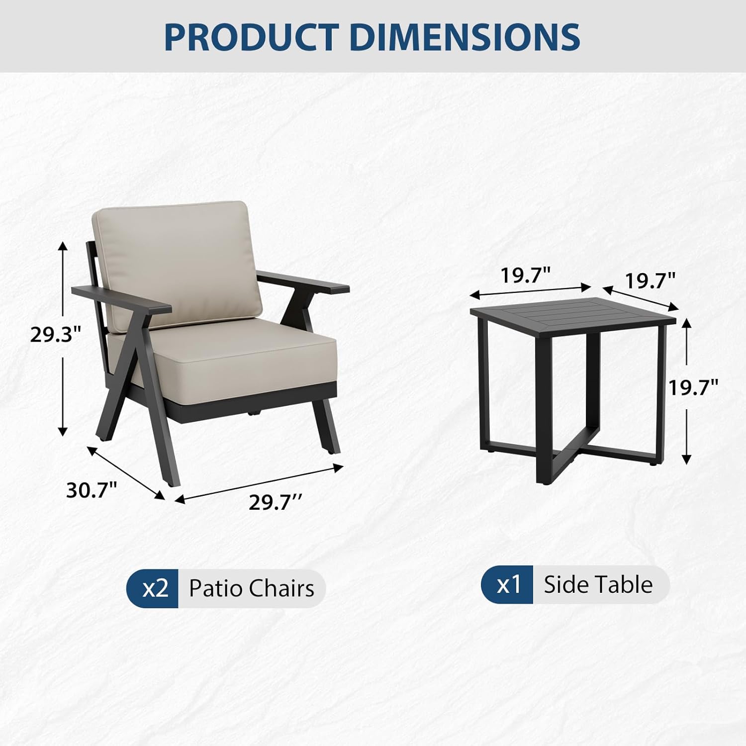 COOS BAY Iron Luxe 3 Piece Outdoor Bistro Set with Patio Chairs and Side Table, Modern Patio Furniture for Balcony Deck Garden, Black/Beige