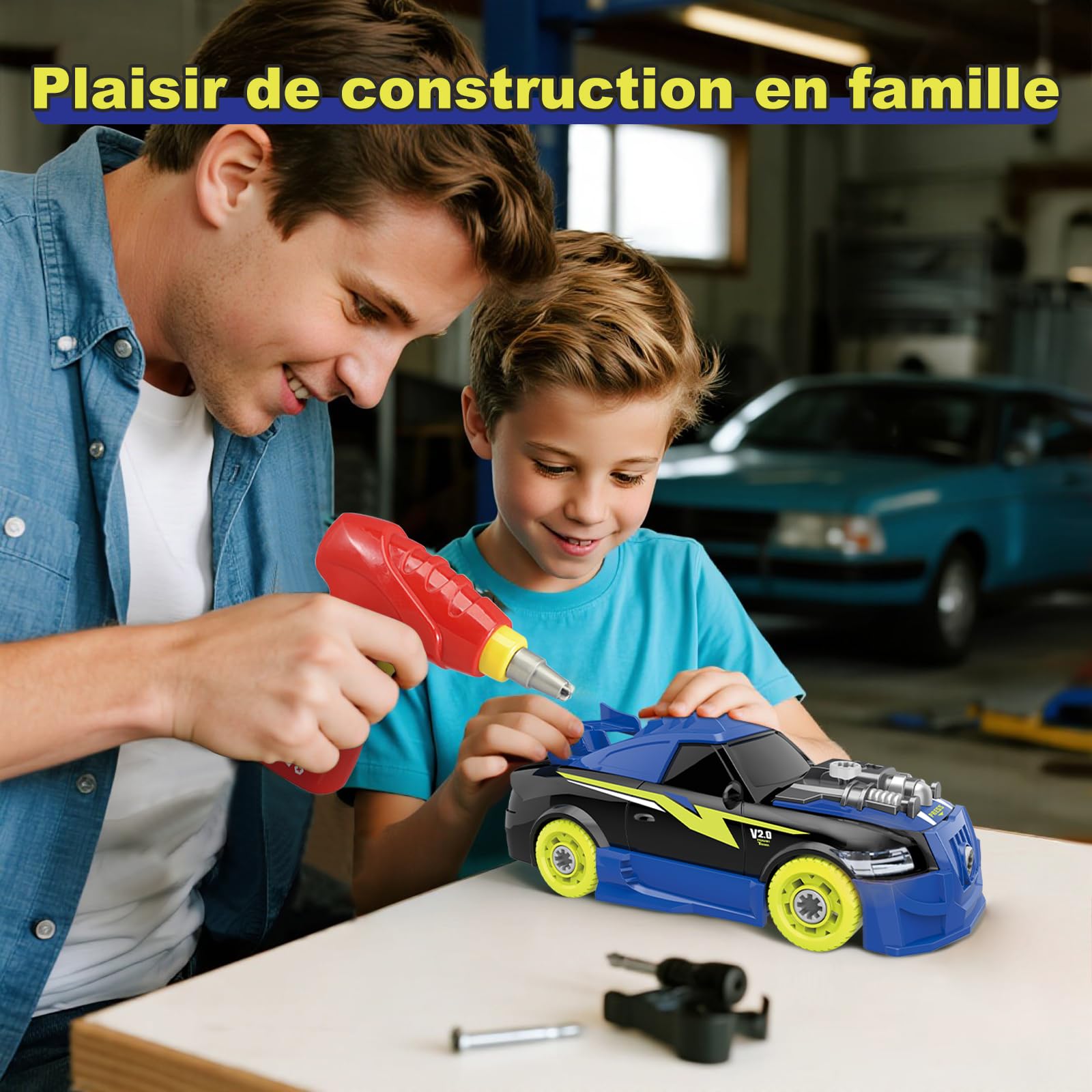 Pup Go Voiture Démontable pour Enfants 3+ Ans, Idee Cadeau de Noël, Jouet Éducatif 26 Pièces avec Perceuse Électrique, Voiture à Construire avec LED et Sons Réalistes (Bleu)