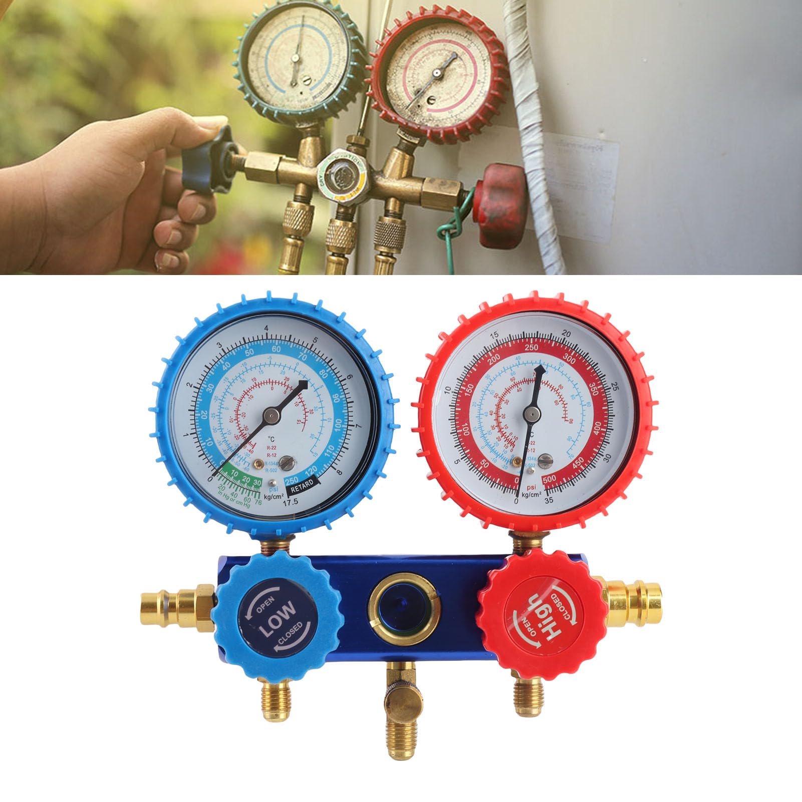 Set di Accessori per L'installazione del Climatizzatore con 2 Manometri, Attacco 1/4" e Tubi 1,5 M, per R134a, R22 e R410A