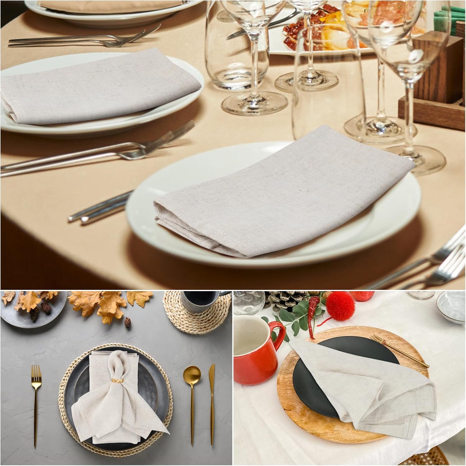 LALAGO Lot de 12 serviettes de table en lin, 45 x 45 cm, en tissu, lavables, avec glands, pour décoration de table pour le baptême sacramentel (beige