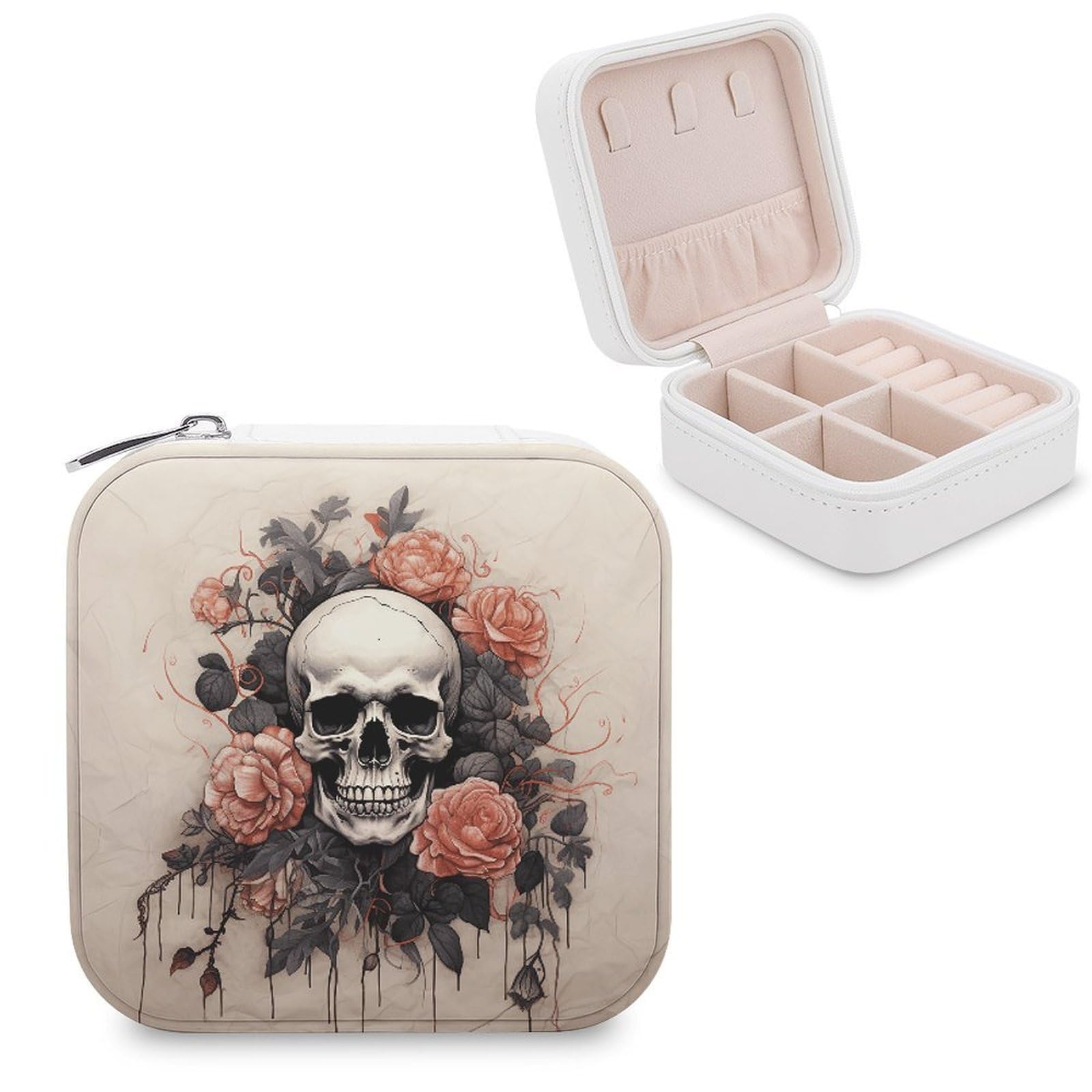VstaDank Ancient Skull And Flowers Jewelry Box for Women Custom Travel Jewelry Case Personalized Travel Jewelry Boxes Small Portable Jewelry Organizer Box for Rings Necklaces Bracelets Earring
