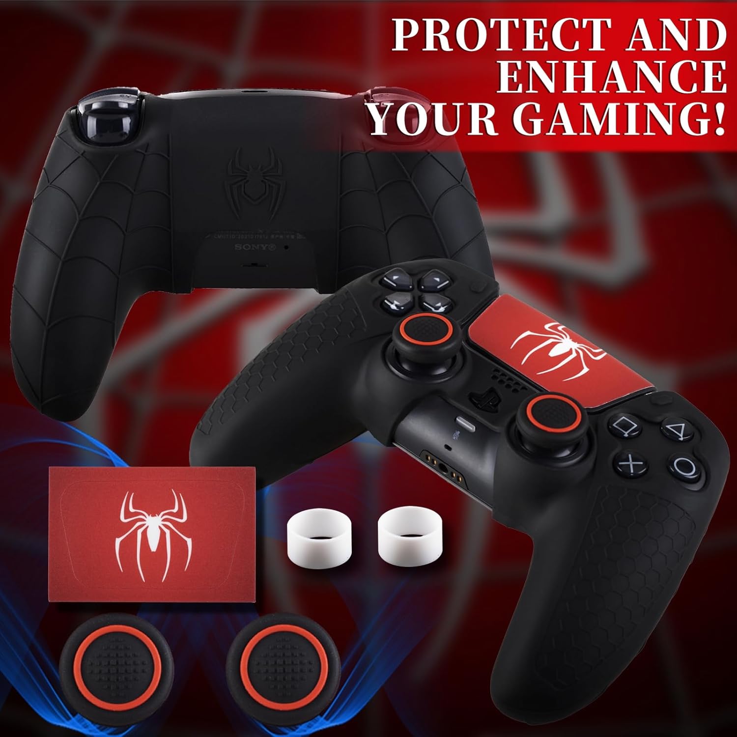 Non-Slip Silicone Cover for PS5 Controller with Thumbstick Caps x 2 & Sticker x 1(Spider Black) - Image 7