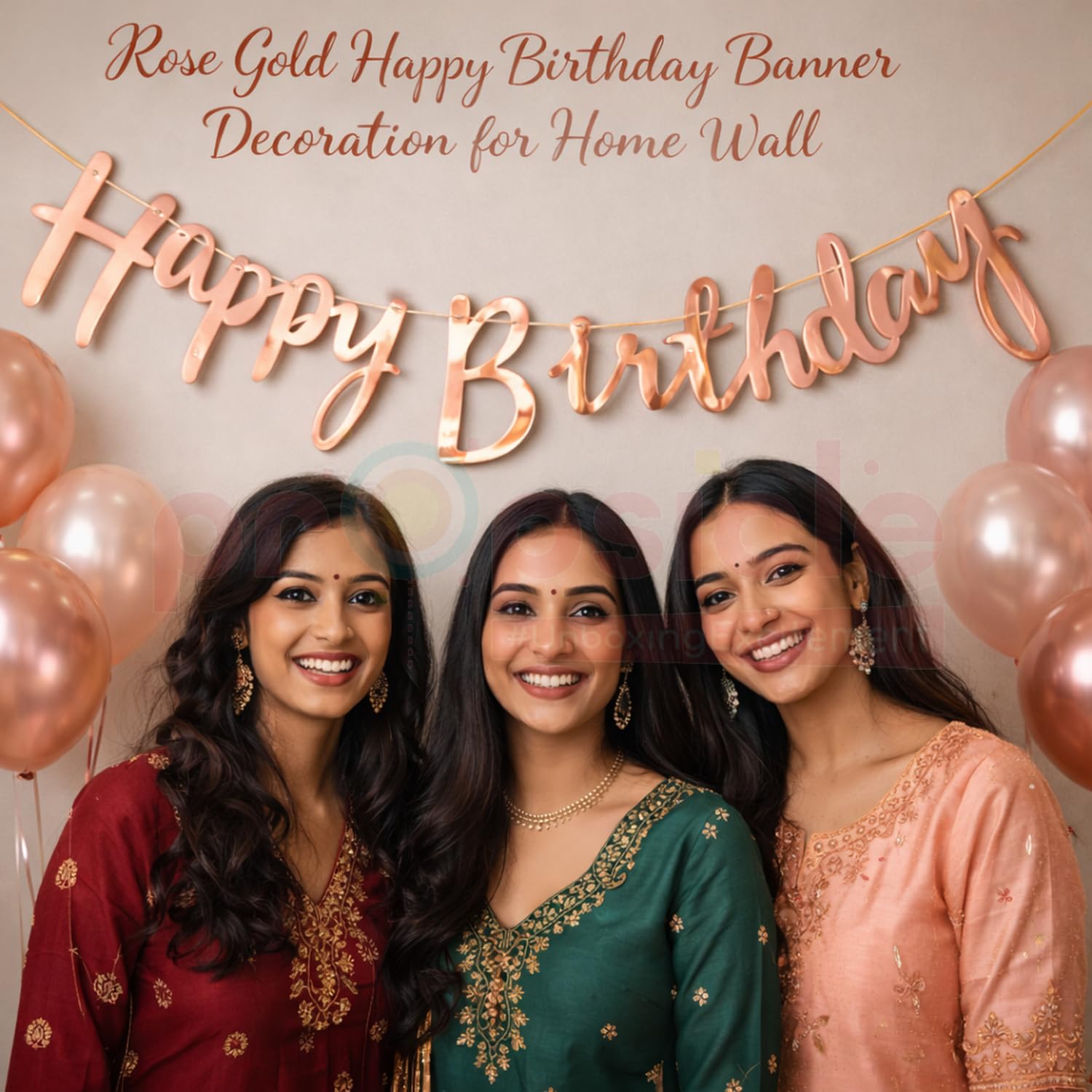 Propsicle Rose Gold Happy Birthday Banner - Glossy Cursive Cardstock Decoration with Ribbon, Reusable Wall Backdrop for Kids, Girls & Women Celebration Setup 4