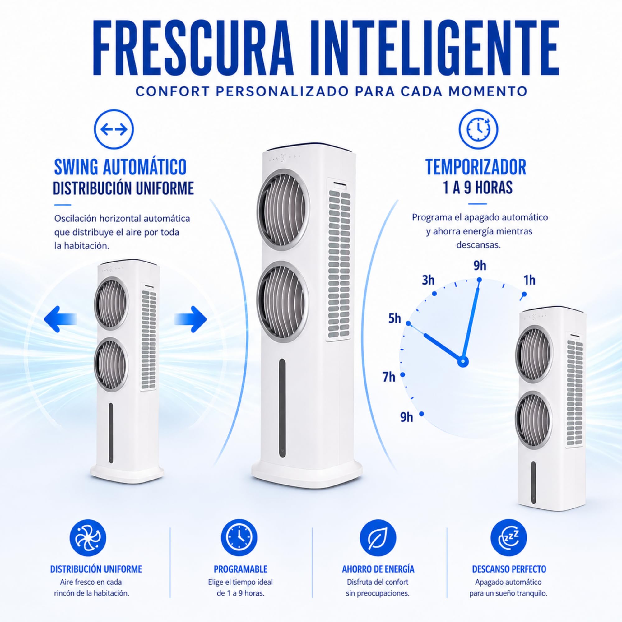 Climatizador Evaporativo VONALA SMALL-DUO – Enfriador de Aire Portátil con Doble Ventilador, Depósito 9L, 5 Velocidades, Mando a Distancia, 90W, Portátil
