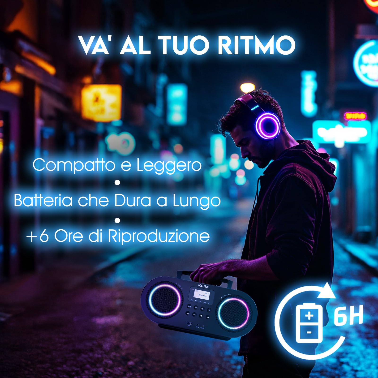KLIM Lettore CD Stereo Boombox B5 - Radio FM con Lettore CD Bluetooth e USB, AUX, Batteria ricaricabile, Standby automatico, EQ Digitale