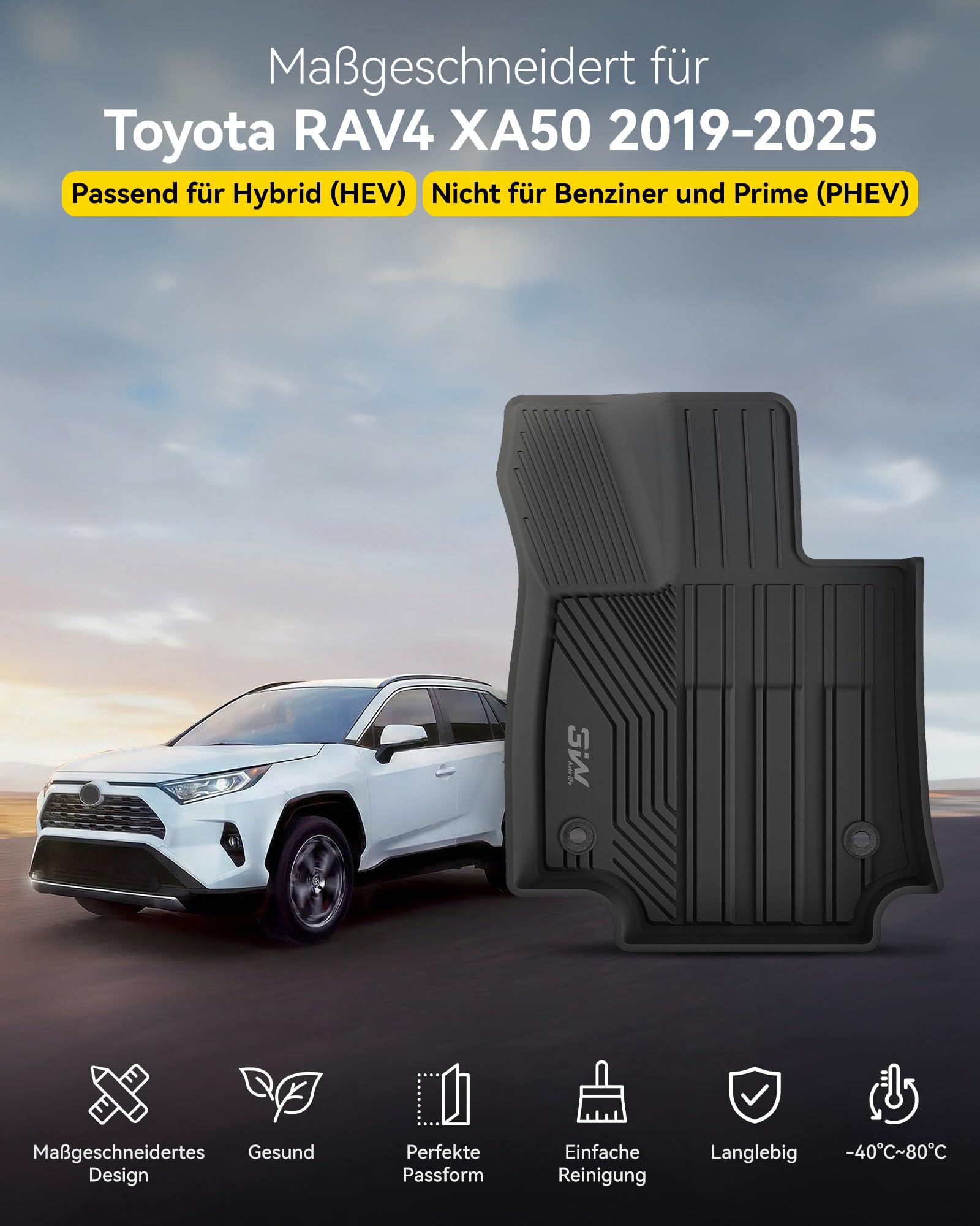 3W Fußmatten für Toyota RAV4 XA50 HEV 2019-2025 | TPE Thorex™ Allwetter | 3D Maßgeschneiderte Passform | Hundefreundlich Auto Zubehör | Wasserdicht & Kratzfest | Antirutsch