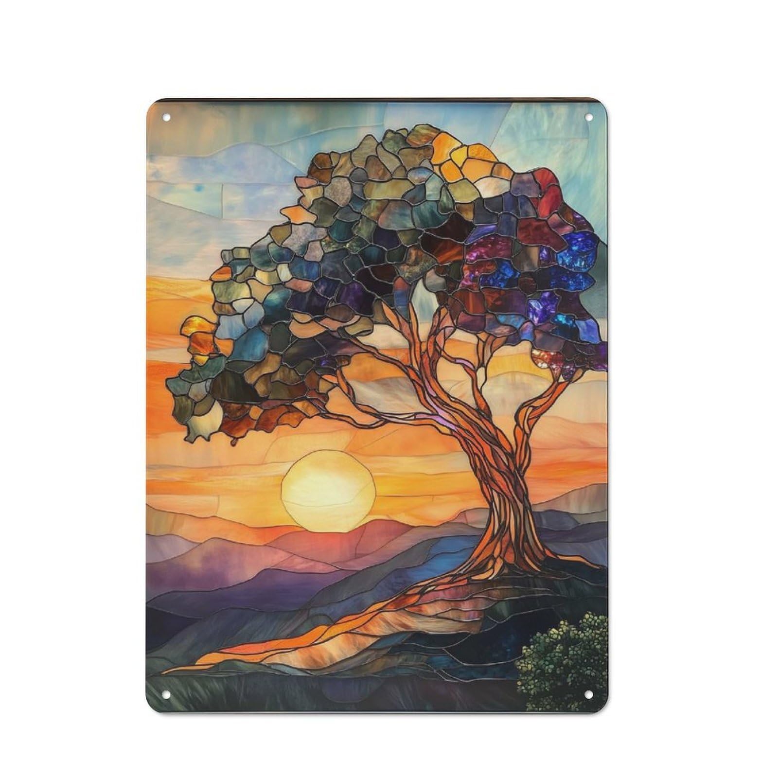 Junmoney Style-24 Stained Glass Sunset Tree Vintage Tin Sign 40X30cm For Café Or Restaurant, Suited To Café Owners And Decorators
