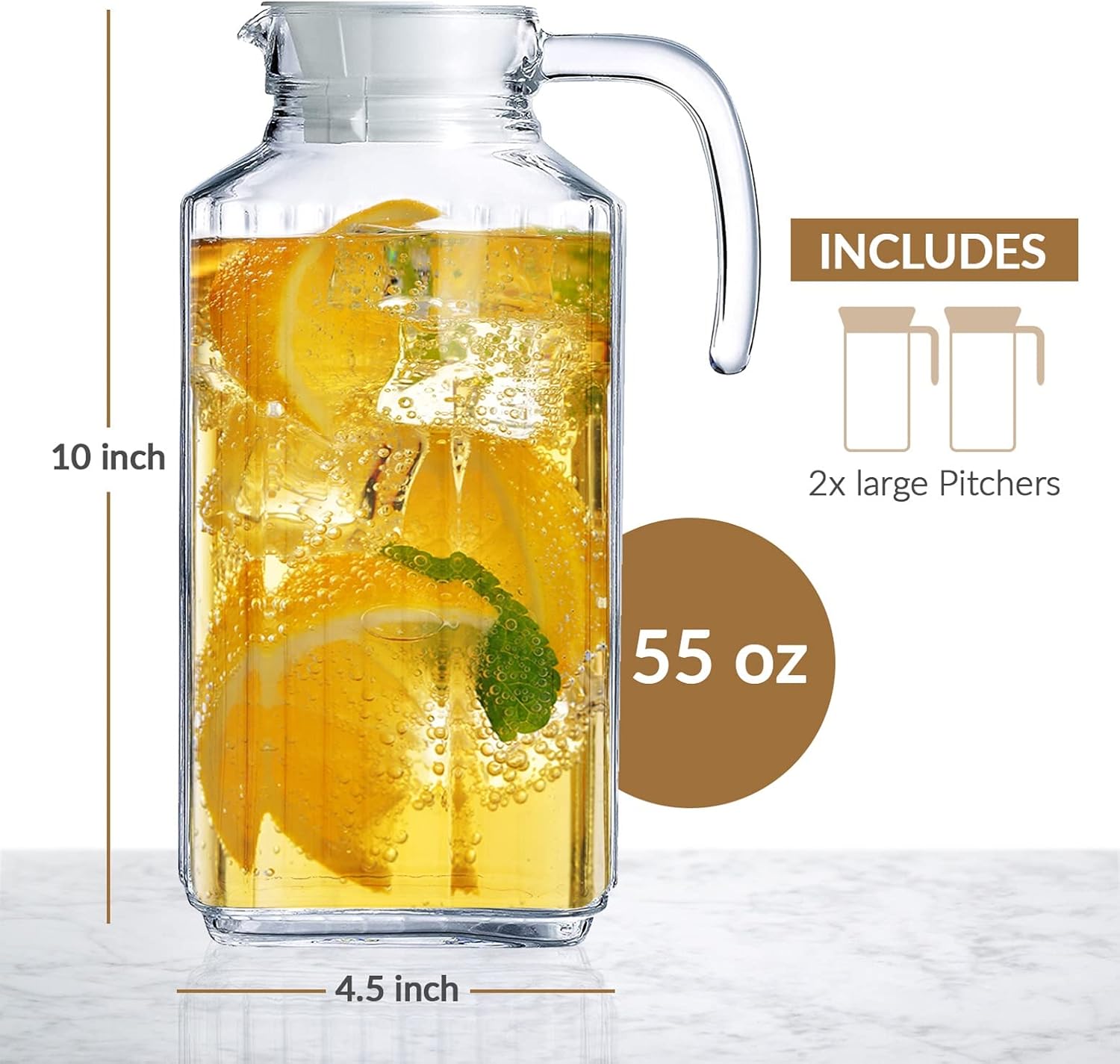 Glass Pitcher with Lid – Set of 2 Glass Water Pitcher 55Oz – Cold Carafe for Ice Tea, Water, Lemonade, Coffee – Elegant and Modern – Practical Spout Pitchers for Drinks - Image 2