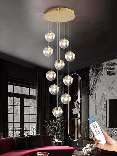 Miniatura 266 de Escalera LED de 10 luces LED moderna con globo de cristal, lámpara colgante grande para techos altos, accesorios de iluminación de entrada, villas y
