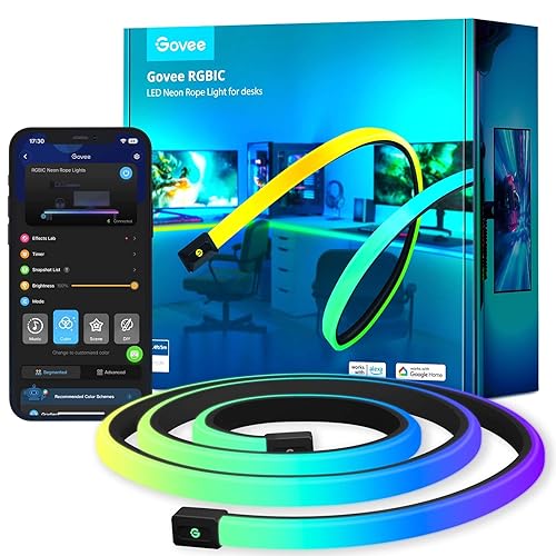 Govee RGBIC Neon Rope Lights for Desks, 16.4ft LED Gaming Desk Lights, Neon LED Strip Lights Syncing with Razer Chroma, Support Cutting, Smart App Control, Music Sync, Adapter (Only 2.4G Wi-Fi) - 16.4ft