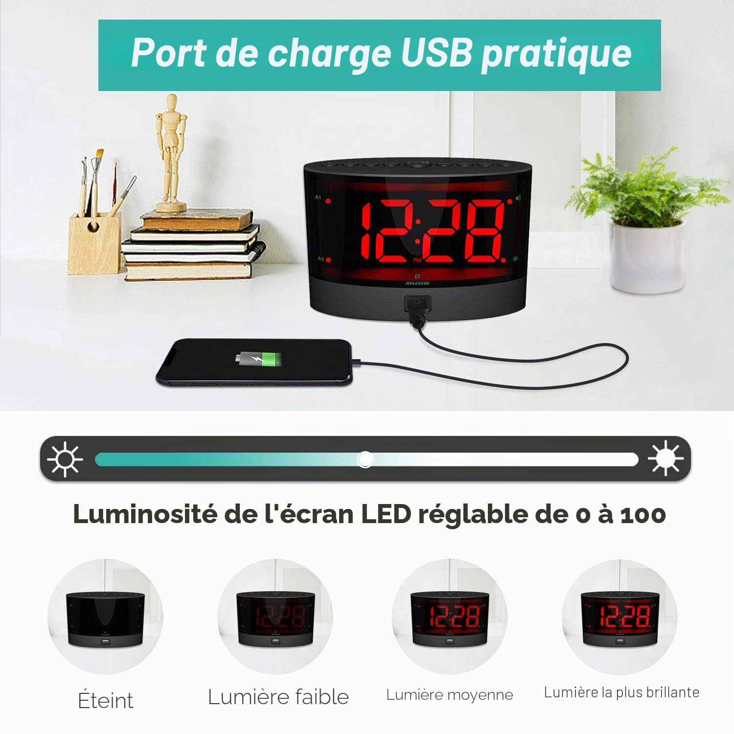 ANJANK Réveil Très bruyant avec Vibration Sans Fil, Secoueur de Lit pour Sourds/Malentendants/Sommeil Profond, Double Alarme, Variateur,Batterie de Secours, Chargeur USB, Grand Affichage LED Numérique