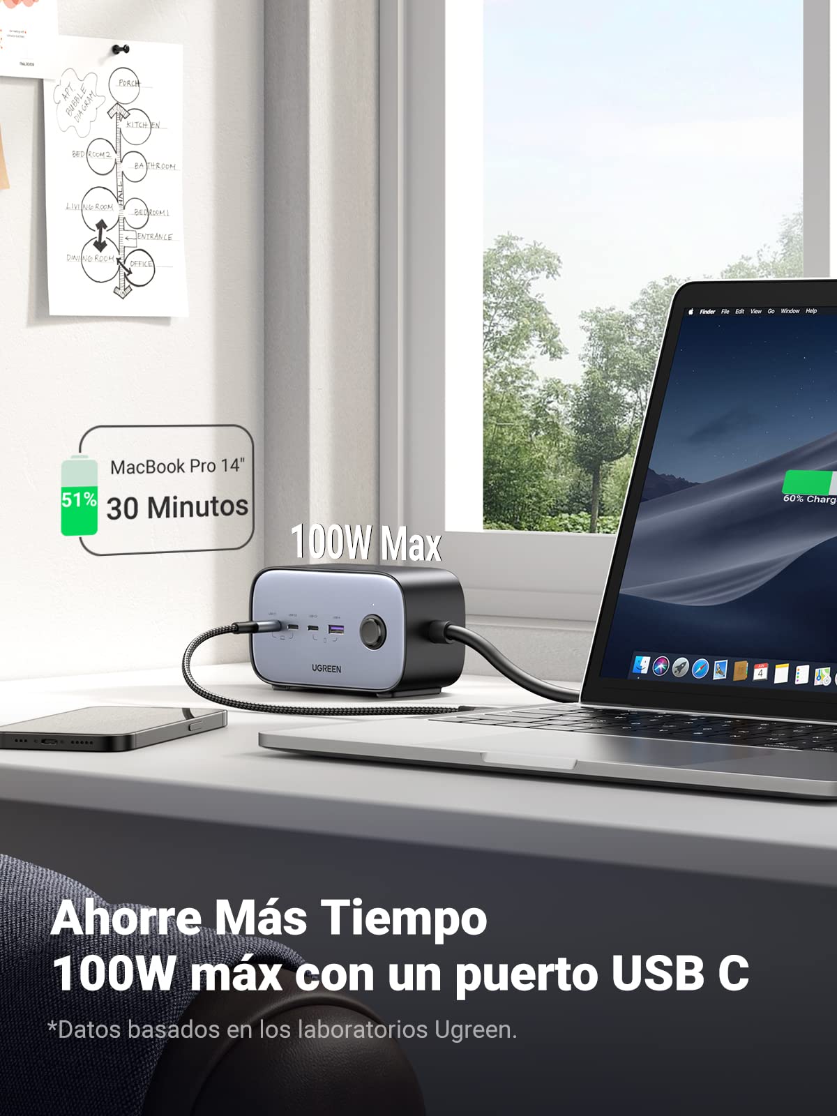UGREEN DigiNest Cube 6 en 1 - Regleta USB (2 enchufes con 100 W, 4 Puertos USB C y USB, Toma eléctrica con Interruptor y 1,8 m, Cable de alimentación