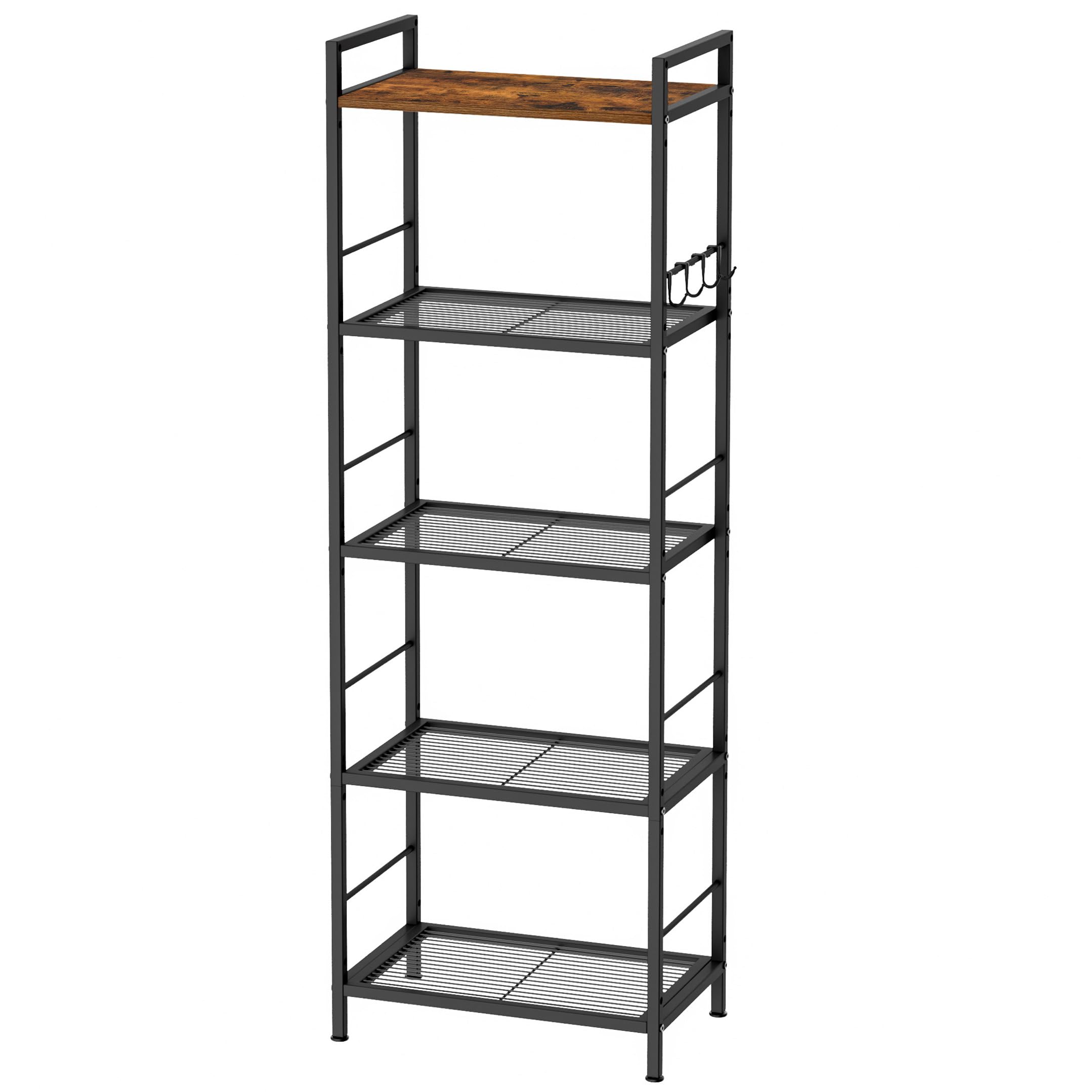 5-Tier Storage Shelves,Brown Wood Top,43W×30Dcm,4 Hooks, Adjustable Shelves