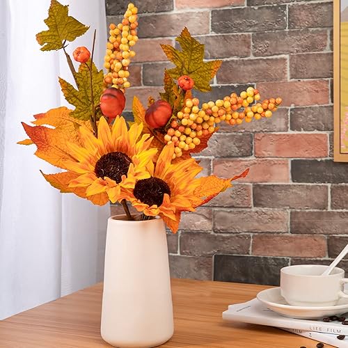 Miniatura 7 de 1 juego de girasoles falsos, flores artificiales de otoño, sin decoloración, girasol, hojas de arce falsas, mini calabazas, plantas de otoño,