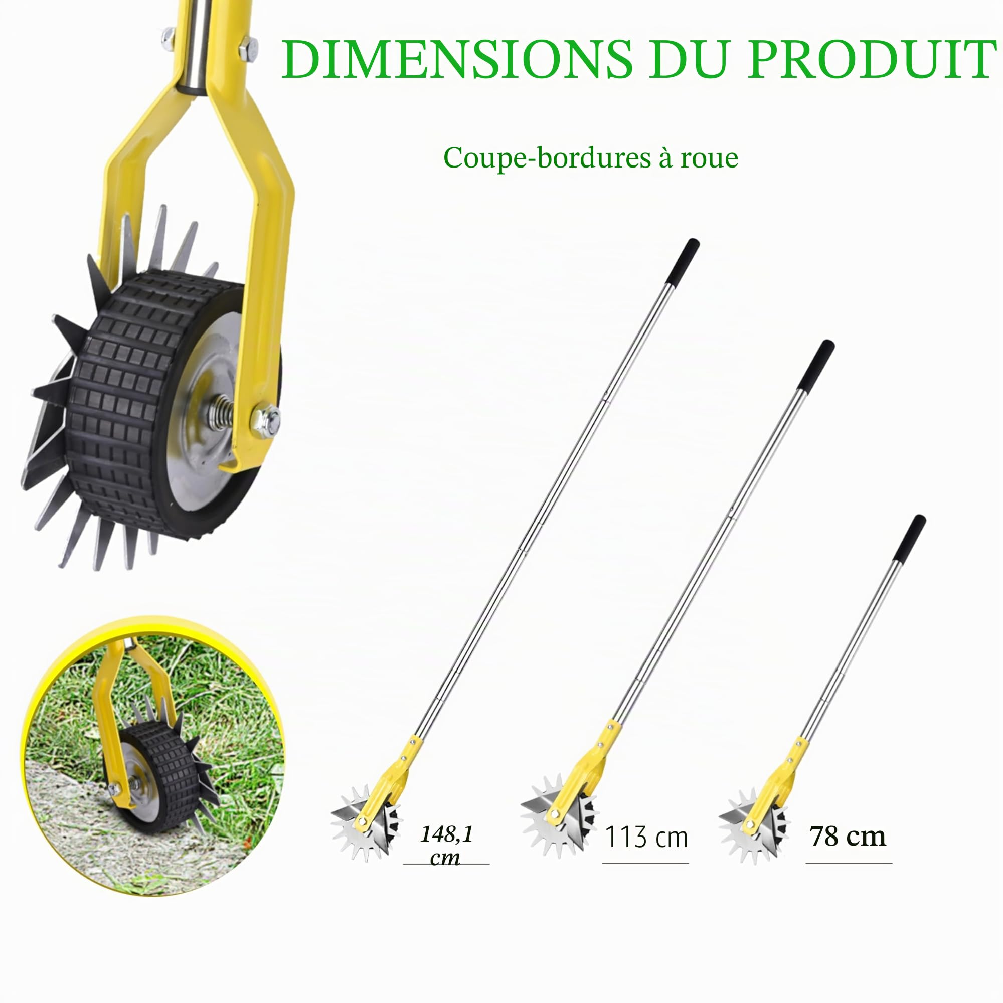 YEELOR Coupe-bordure rotatif en acier inoxydable jaune - Longueur réglable - Outil de jardin manuel pour trottoirs, jardins, allées et bordures de parterres de fleurs
