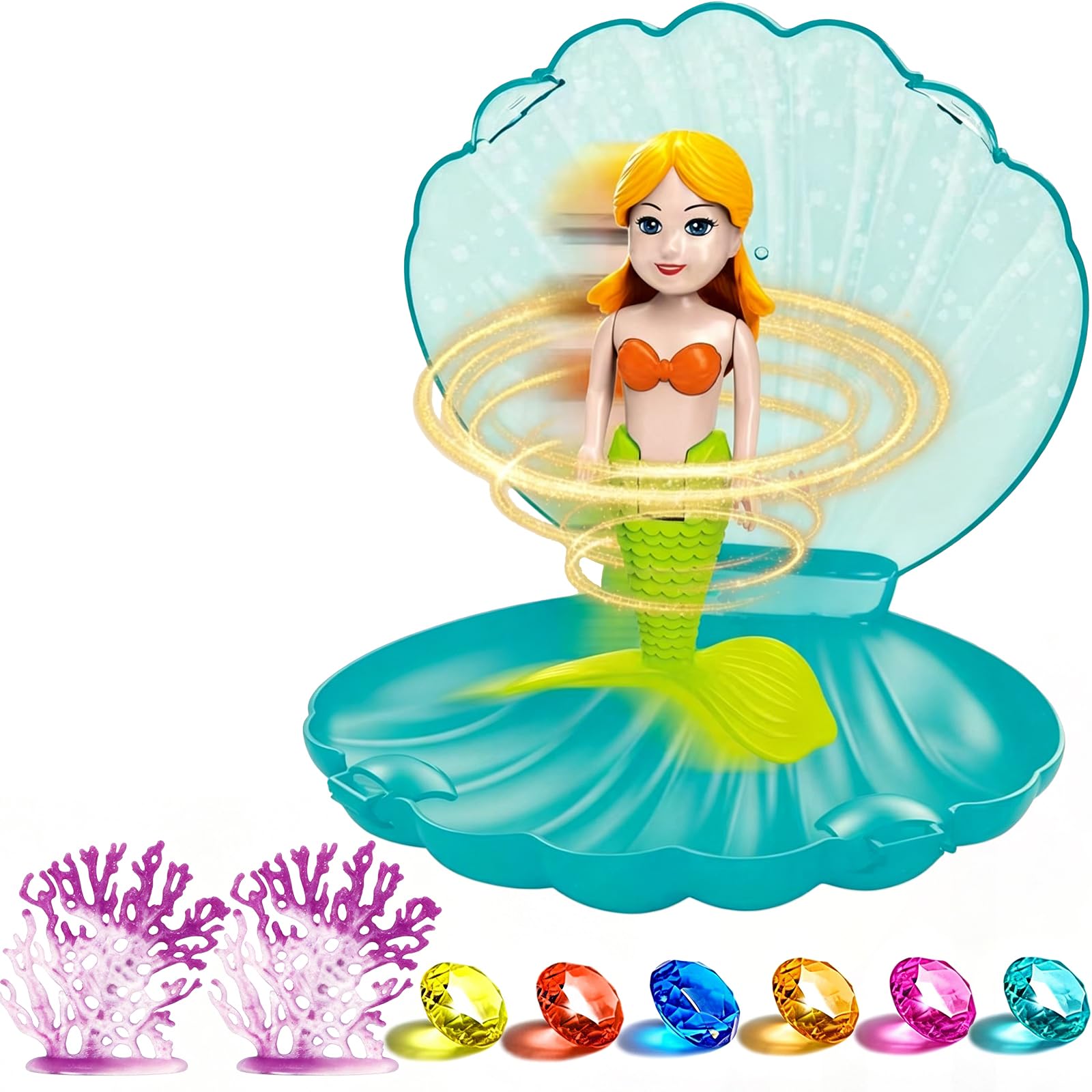 Diving Mermaid Pool Toys for Kids,Mermaids Sinkers Diving Toy for Swimming Pool,Girls Mermaids Bath Water Toy,Little Mermaid Toys with Green Shell & 6 Gemstone & 2 Coral for Girls Kids Aged 5+