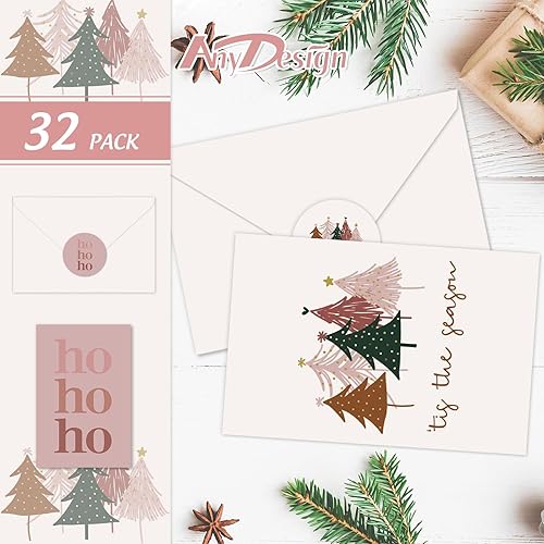 Miniatura 3 de AnyDesign - Paquete de 32 tarjetas de felicitación de Navidad rosas bohemias con calcomanías de sello, sobres de copos de nieve rosados, tarjetas de