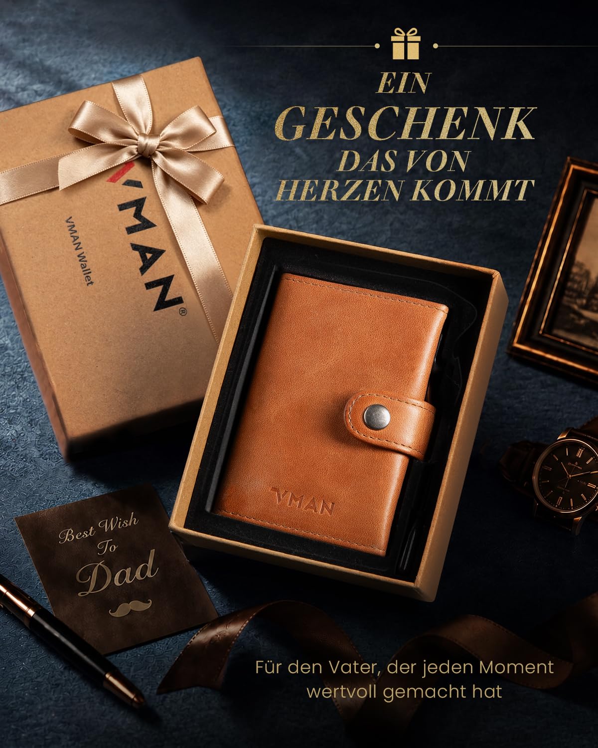 VMAN Geldbörse Herren, Slim Wallet mit Münzfach, RFID Schutz, Premium Leder Portmonee Geldbeutel für 8–11 Karten, Kleines Kartenetui für Alltag & Reise - Braun