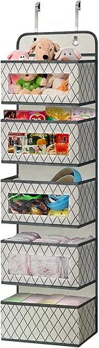 Miniatura 1 de Organizador de almacenamiento de despensa colgante sobre la puerta con 5 bolsillos grandes con ventana de PVC transparente y 2 ganchos de metal