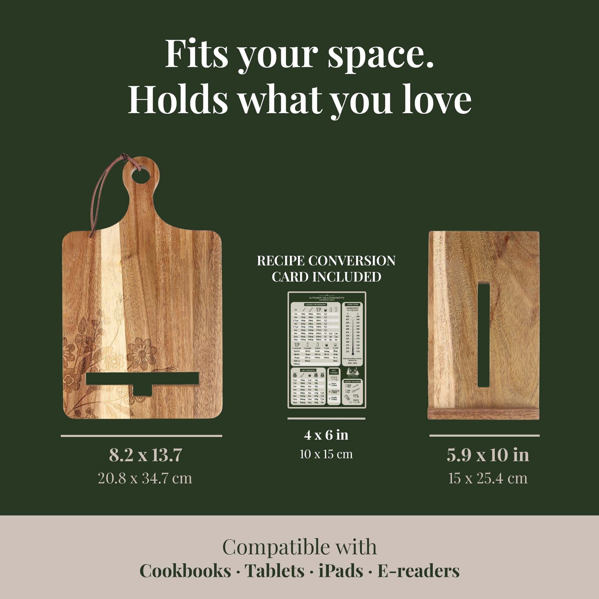 Soporte de madera para libros de cocina para mostrador de cocina, regalo del día de la madre para mamá, soporte reversible para libros de recetas de acacia, tarjeta de conversión de medición
