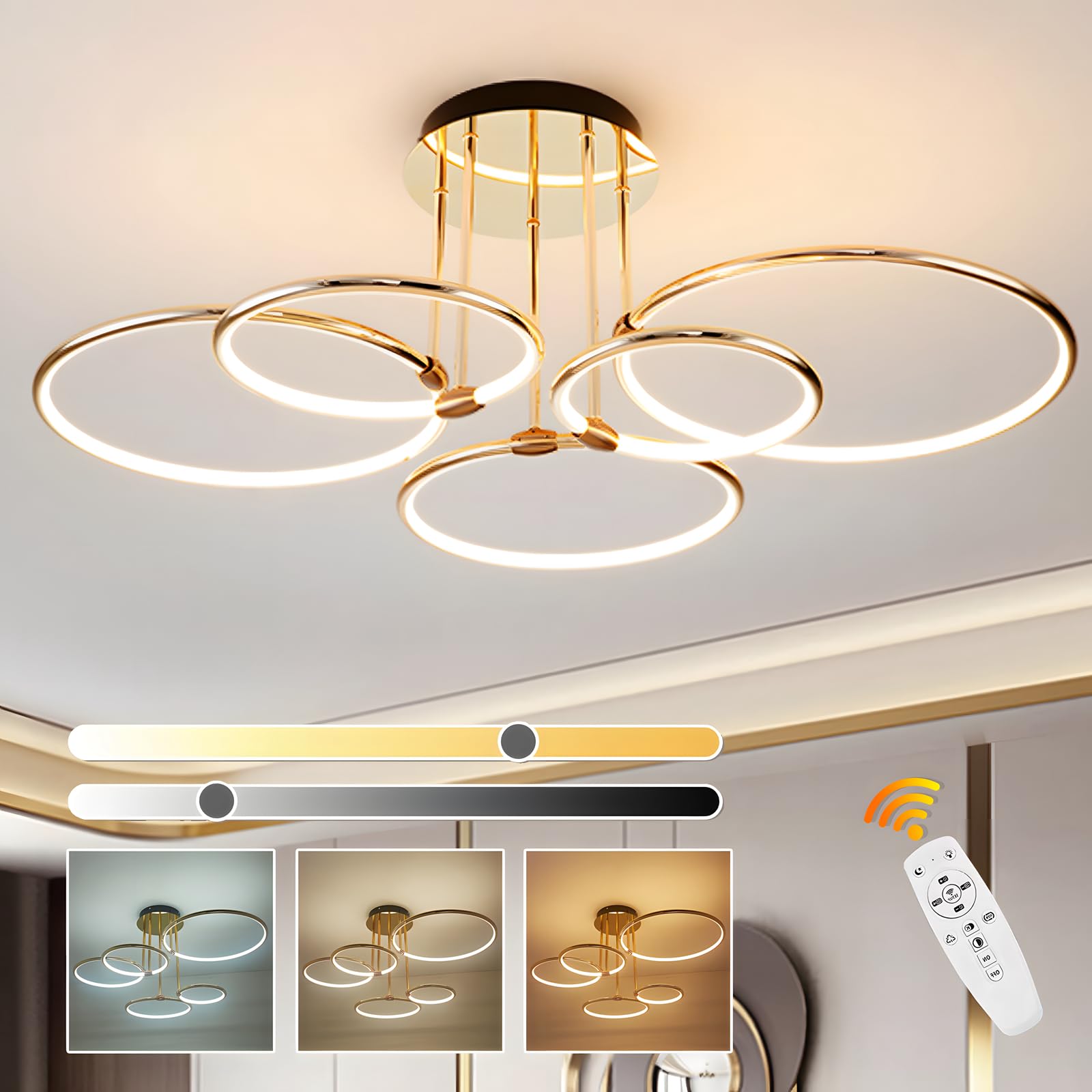 Led Gold Ceiling Light, 5 Round Ring Design/ Ø93cm Chandelier, 108W Stepless Dimmable, Creative Metal Electroplate Pendant, Modern Lamp For Bedroom Living Children Office Study Kitchen Hallway