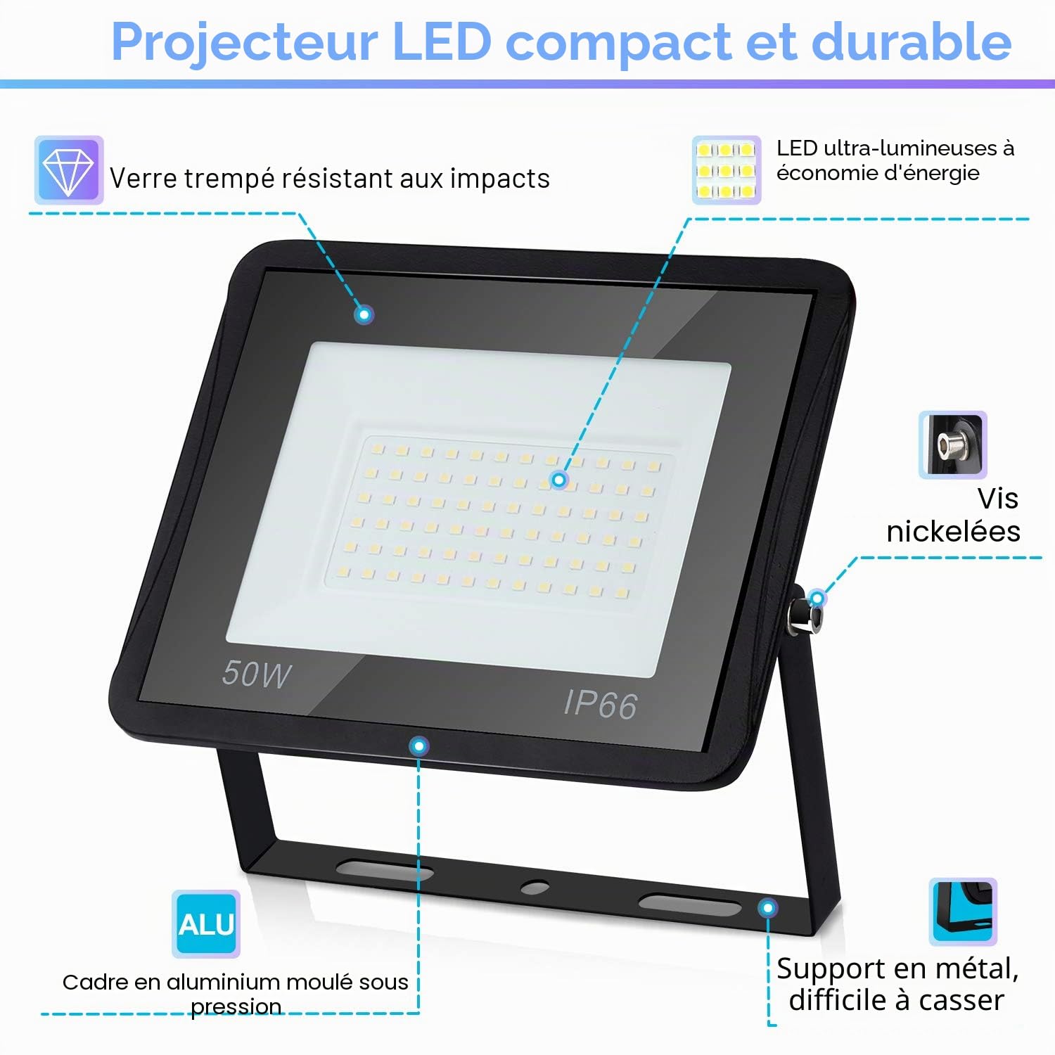 Randaco Lot de 4 spots extérieurs LED 50W Blanc Froid, Projecteur LED extérieur puissant 4250LM 6000K d'éclairage de sécurité, IP66 étanche Éclairage LED pour Cour, allées(sans prise)
