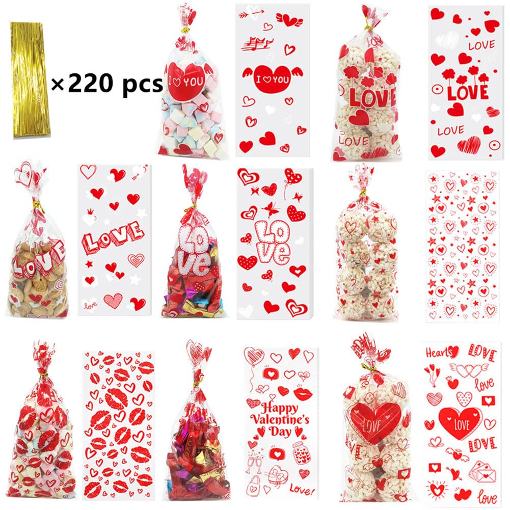 MENDERRY Sacchetti regalo in cellophane per San Valentino, 200 pezzi, in plastica trasparente, con 220 lacci intrecciati e 8 motivi