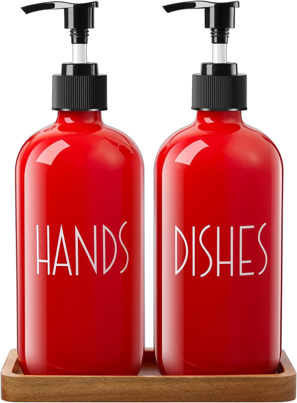 ALELION Red Dish Soap Dispenser for Kitchen - 16 OZ Glass Hand Soap Dispenser Set with Pump and Acacia Wood Tray - for Red Kitchen Decor or Accessories